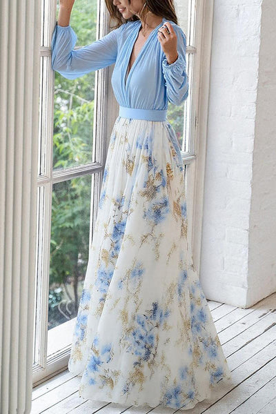 Elegancka sukienka maxi z kwiatowym nadrukiem, dekoltem w serek i długimi rękawami