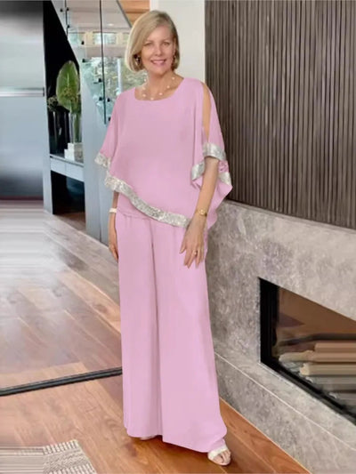 Elegancki dwuczęściowy komplet w cekinowe bloki kolorów