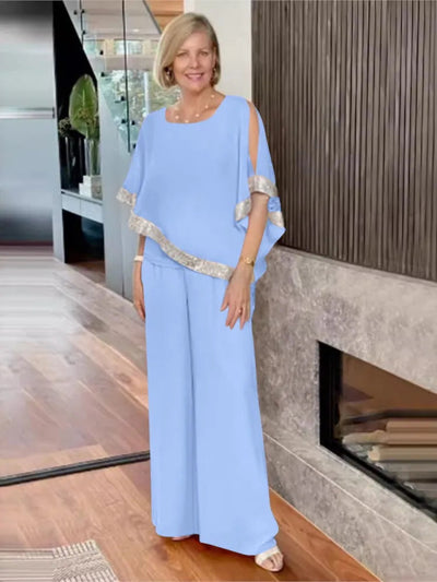 Elegancki dwuczęściowy komplet w cekinowe bloki kolorów